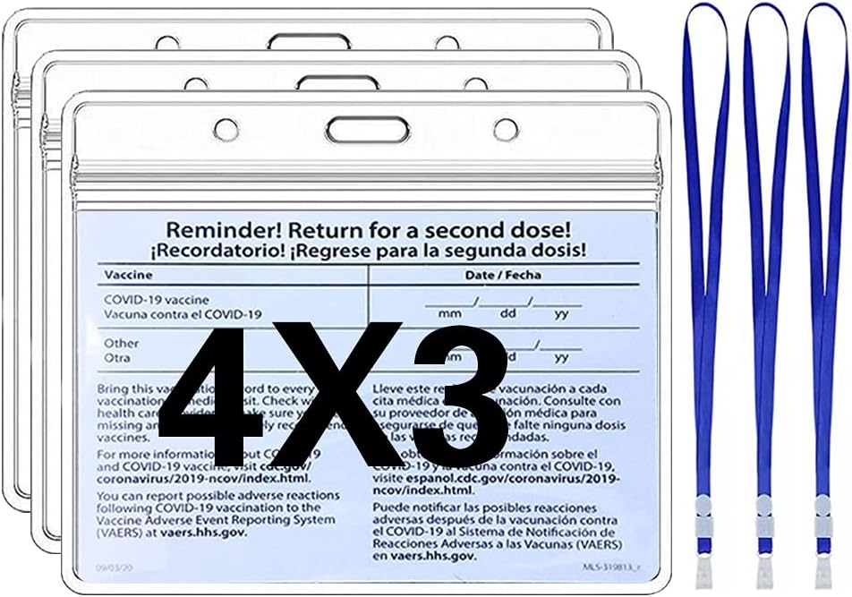 3 Pack-CDC Vaccination Card Protector， 4 X 3 Inches Immunization Record Vaccine Cards Holder ，Clear Vinyl Plastic Sleeve with Waterproof Type Resealable Zip（with Lanyard）