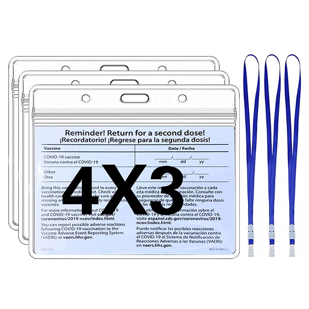 3 Pack-CDC Vaccination Card Protector， 4 X 3 Inches Immunization Record Vaccine Cards Holder ，Clear Vinyl Plastic Sleeve with Waterproof Type Resealable Zip（with Lanyard）
