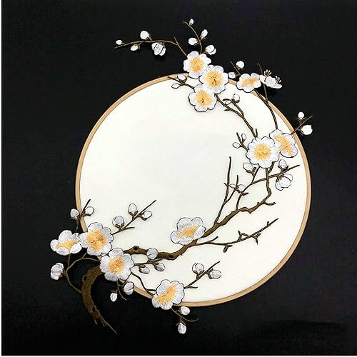 Parche de tela para bordar ropa con apliques de flor de ciruelo, parche para planchar, reparación de costura artesanal (color 15)