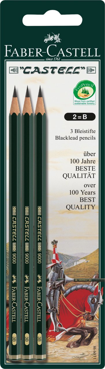 Faber-Castell 110998 - Blister de 3 lápices 9000 B, color negro