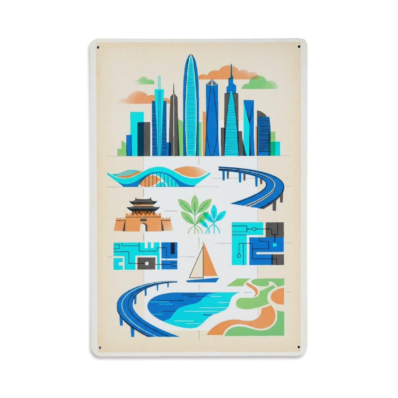 Okngb Style Shenzhen Heritage Landmark Graphic Geometric Travel Metal Tin Sign Plaque Wall Decor For Cafe, Man Cave, Club Bar, Office, Home Garden Round Metal Poster 8X12inch