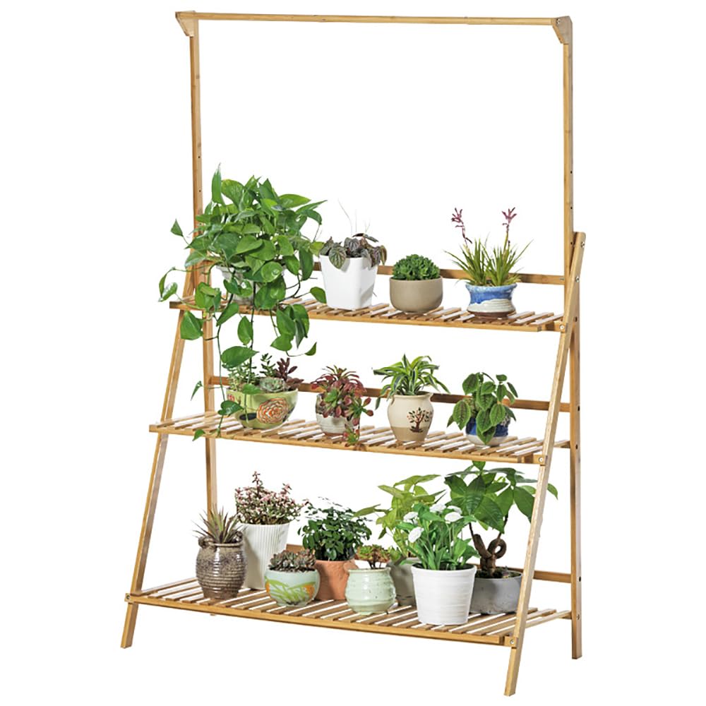 medla Blumenregal Pflanzentreppe aus Bambus für mehr Pflanzen und Blumenampel, Blumenständer Klappbar mit Höhenverstellbar Hängestange für Innen-Balkon Wohzimmer Outdoor Garten Dekor, 100 x 40 x 96cm