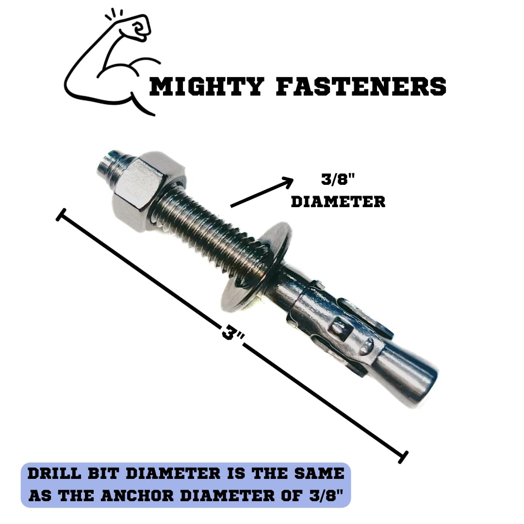 MIGHTY FASTENERS - Juego de 50 anclajes de cuña de 0,95 x 7,6 cm - Acero inoxidable 304 de alta calidad - Pernos de expansión robustos para hormigón y mampostería, rendimiento antioxidante, duradero