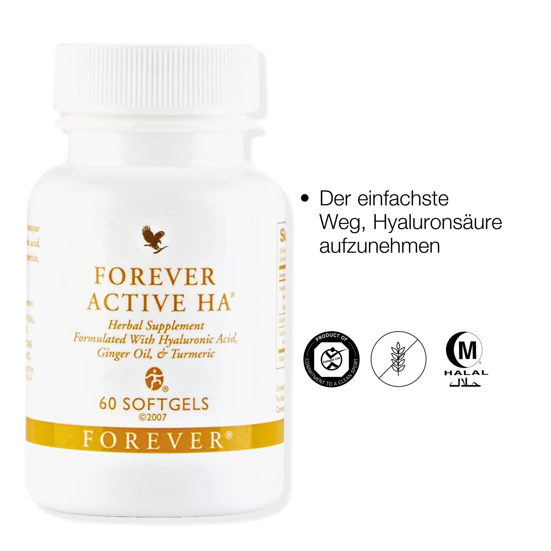 Forever Active HA, Nahrungsergänzungsmittel mit Hyaluronsäure-Extrakt, Ingwer und Kurkuma-Extrakt, 60 Softgel-Kapseln, glutenfrei