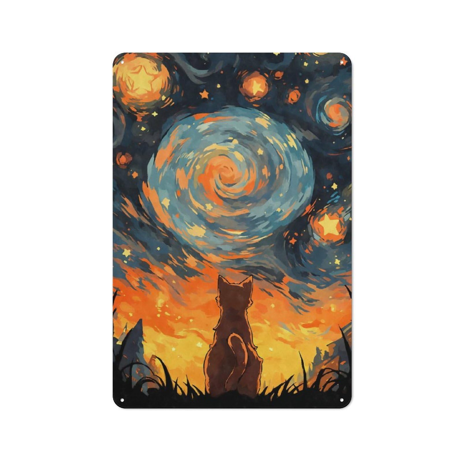 Junmoney Style-23 Orange Cat Starry Night Vintage Metal Wall Decor 30X20cm, Vintage Metal Sign For Cafe, Bistro, Bakery Or Restaurant