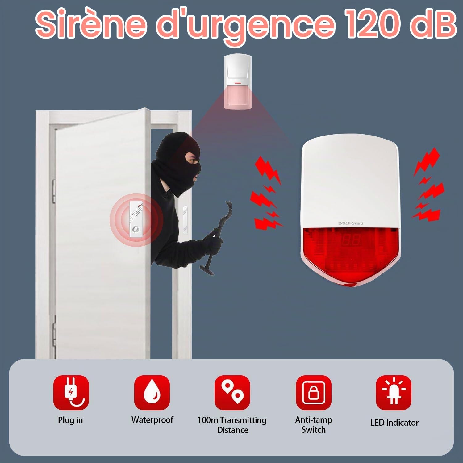 Wolf Guard LB-01A Système d'alarme de sécurité 110dB indépendant | Pour garage / chantier / porche, Avec télécommande, Détecteur de mouvement, Base indépendante