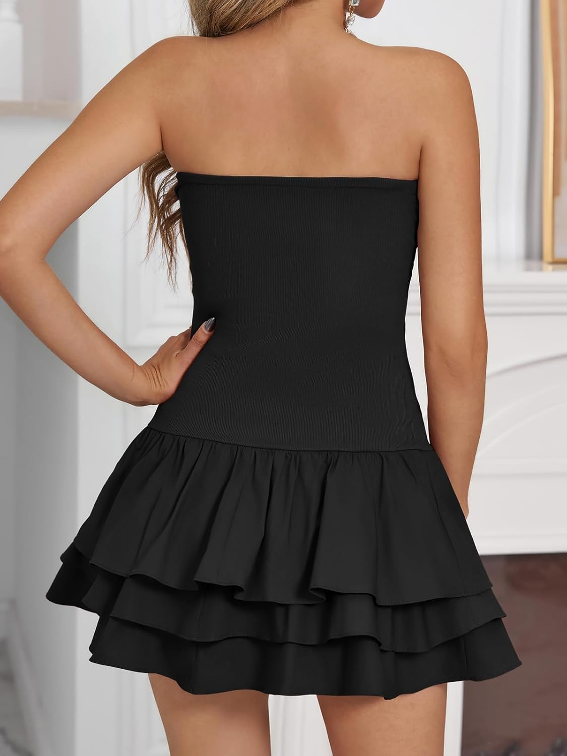 Yousify Womens Sexy Strapless Tube Dress Summer Sleeveless Tiered Ruffle Club Party Mini Dresses with Built-in Shorts - Image 5