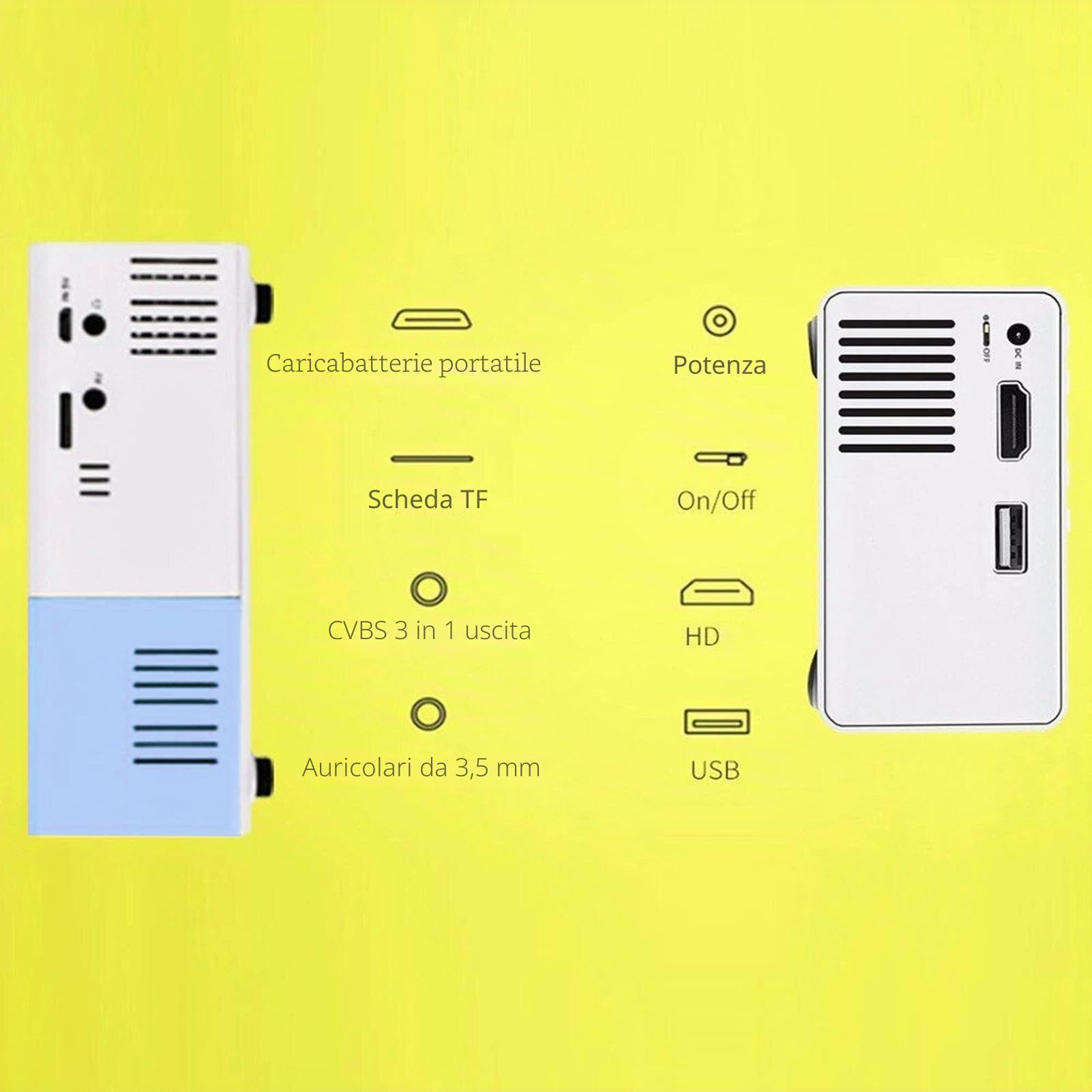 Elprico Mini Proiettore, Videoproiettore Full HD 1080P, Portatile, Blu e Bianco, HDMI, USB, Raffreddamento Attivo, Altoparlante Integrato