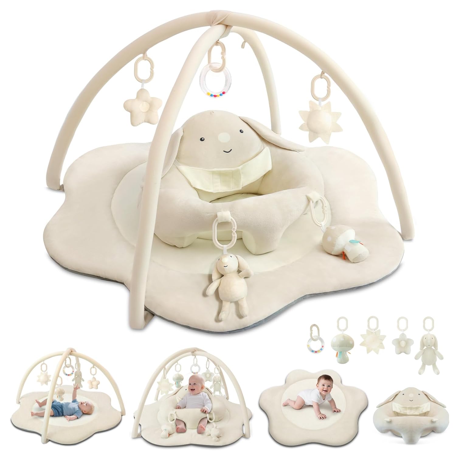 Baby Gym Play Mat with Seat, Sit Me Up Floor Seat for Baby, Tummy Time Mat with 5 Detachable Toys, Baby Activity Mat for Babies 0-6 6-12 Months, Newborn Baby Shower Gifts Beige