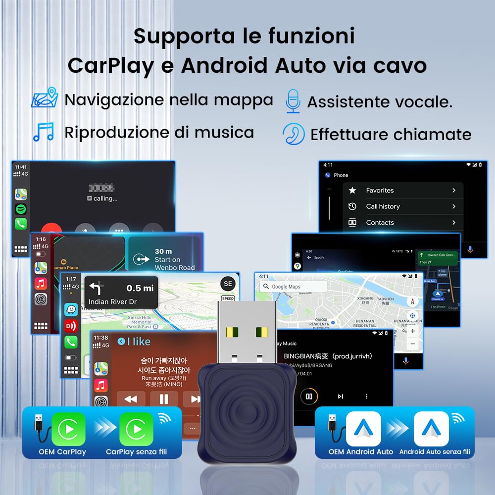 Carlinkit Mini adattatore wireless Ultra CarPlay per iPhone, adattatore wireless Android per auto, converte cablato in wireless CarPlay e Android Auto, configurazione plug-and-play, compatibile con