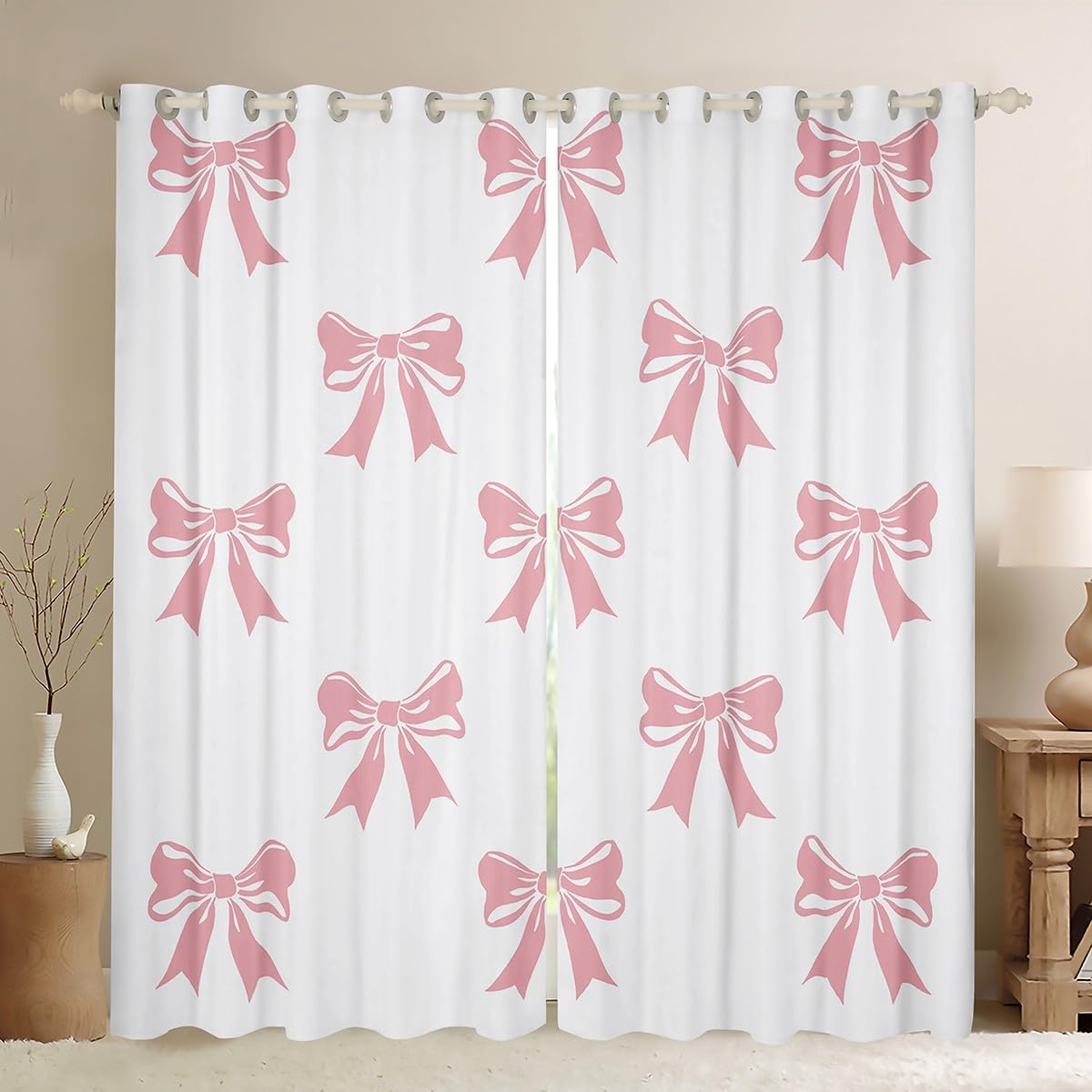 Homemissing Pink Bowknot Curtains(2 Panels,W66*L90) For Kids Girls Teens Bedroom Cute Bow White Darkening Blackout Window Curtains Bow Ribbon Window Treatments