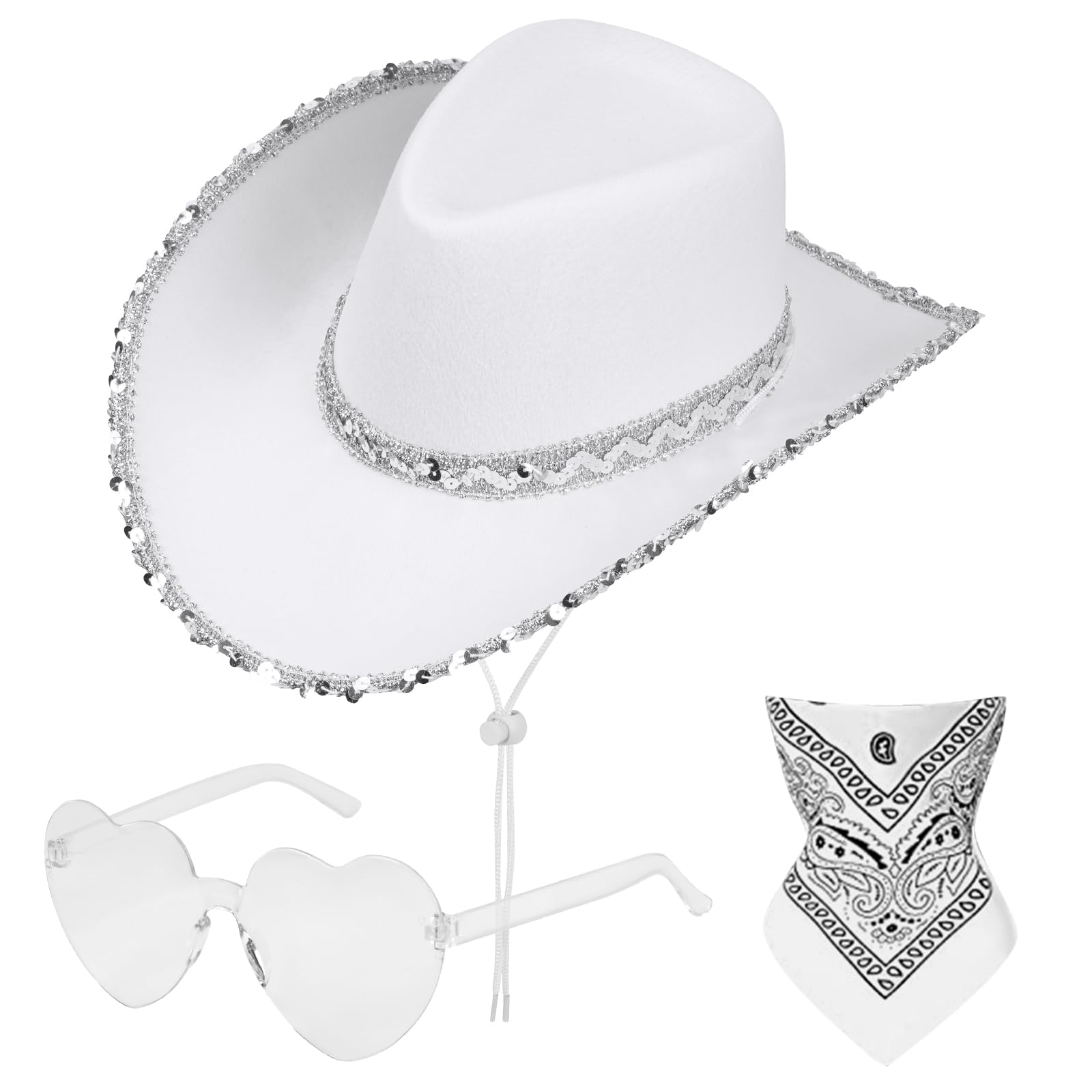 Aomig CowboyHut Damen Herren Fashion Westernhut Cowboyhüte Cowgrilhut Rockstar Randlose Hippie Herzförmige Brille Halstuch Wilder Westen Party Brillen Geburtstagsfeier Fasching Karneval Kostüm Party-A