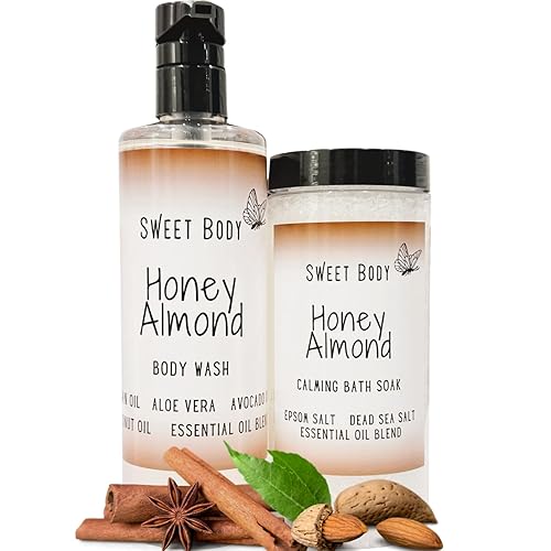 Sweet Body Honey Almond Body Wash + Bath Salt Set Natural Moisturizing Shower Gel Sulfate Free, Paraben Free, Naturally Derived Clean Ingredients