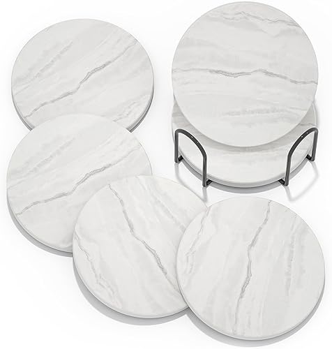 Miniatura 1 de Posavasos absorbentes con soporte, juego de 6 posavasos absorbentes, posavasos de ágata de cerámica con mármol y base de corcho para mesa de café,