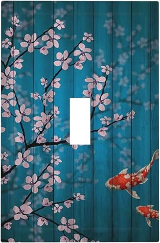 Cubierta de interruptor de luz colgante de flor de cerezo japonés color verde azulado con diseño de peces Koi japoneses de una sola palanca placa de