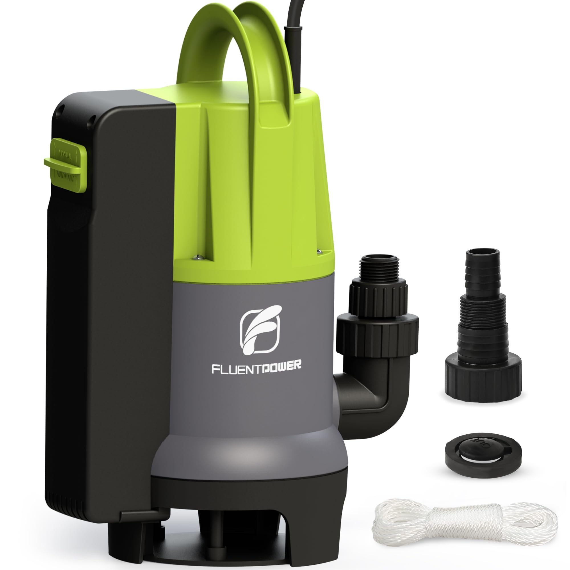 FLUENTPOWER 3/4HP Submersible Sump Pump, 3700GPH Utility Dirty Water Pump, Auto/Manual Control with 26.4 Ft Cord, Adapter, Check Valve and Rope for