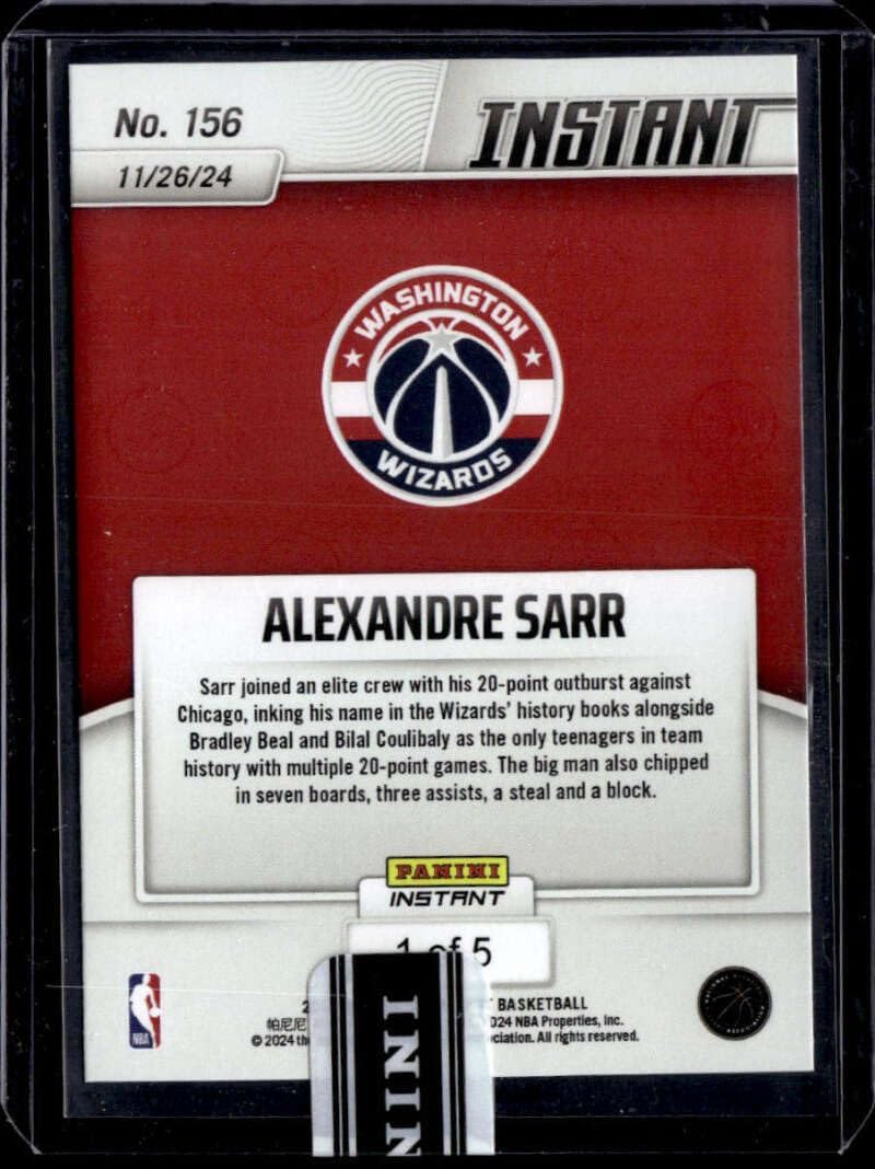 ALEXANDRE SARR RC 2024-25 Pa nini Instant Collection Tiger 4/5 ROOKIE #156 Wizards NM+-MT+ Basketball Record Books