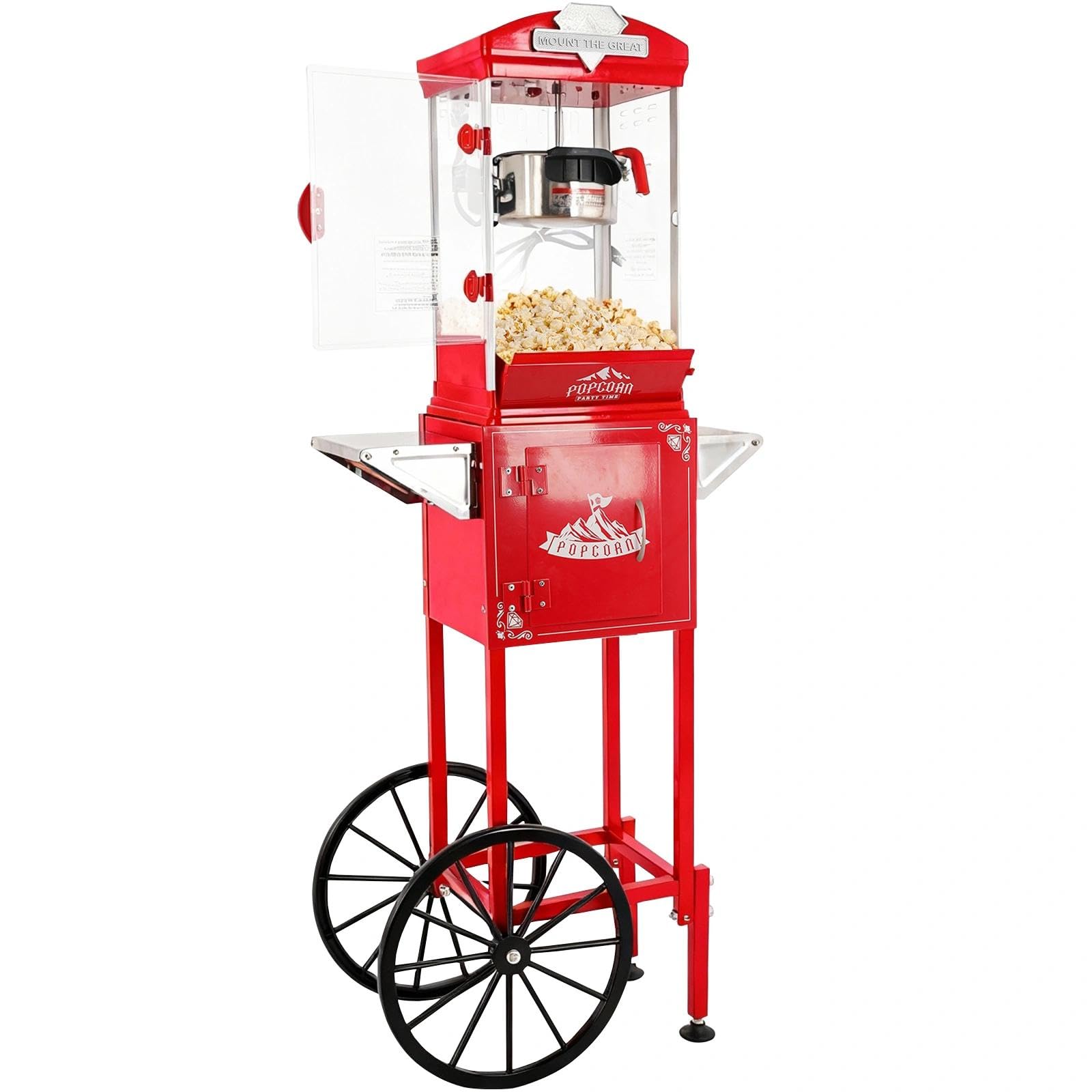 Popcorn Machine with Cart, Wheels &amp; 10 Oz Kettle Popcorn Maker, Movie Theater Popcorn Maker Machine, Home Theater Popcorn Popper Measuring 3 Plastic Spoons