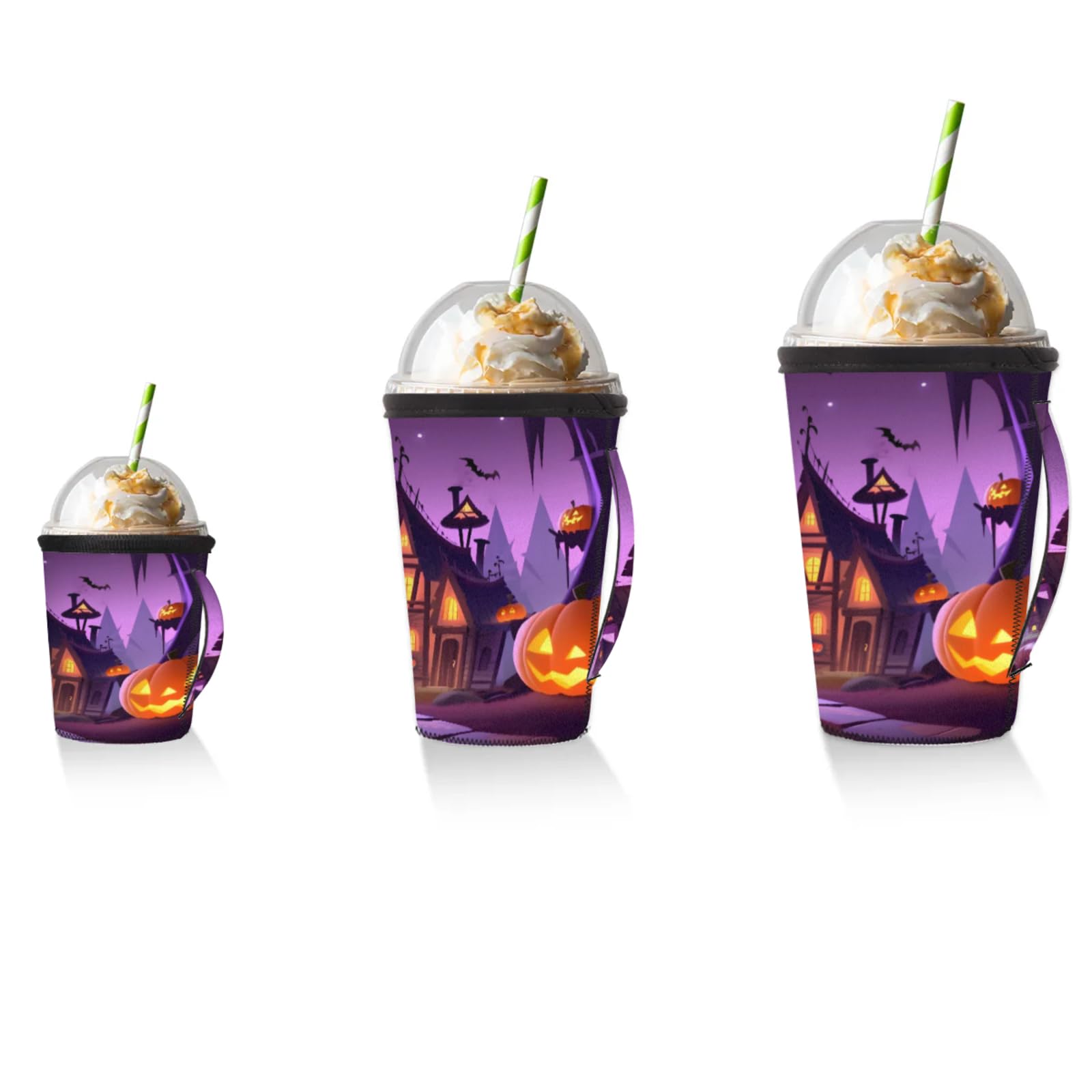 Castle Tree Pumpkin Bats Reusable Neoprene Coffee Sleeve with Handle Insulated Iced Coffee Cup Holder Reduces Condensation Fits 24-28 oz Cups M