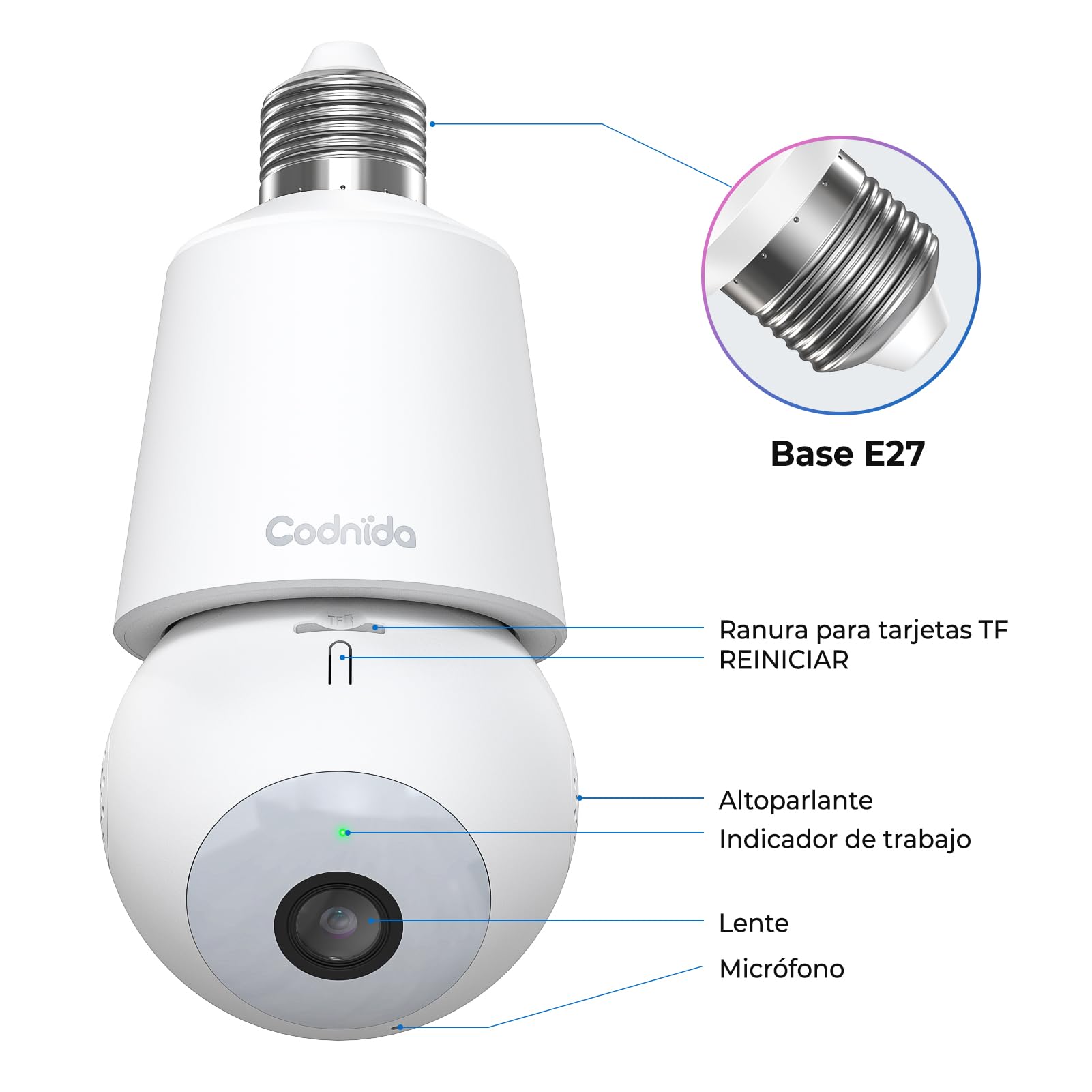 Codnida Camara de Bombilla Vigilancia WiFi Exterior/Interior 2K, PTZ 360 Grados IP Camaras Domicilio con 24/7 Grabación Continua, Visión Nocturna Inteligente en Color, Detección de Movimiento