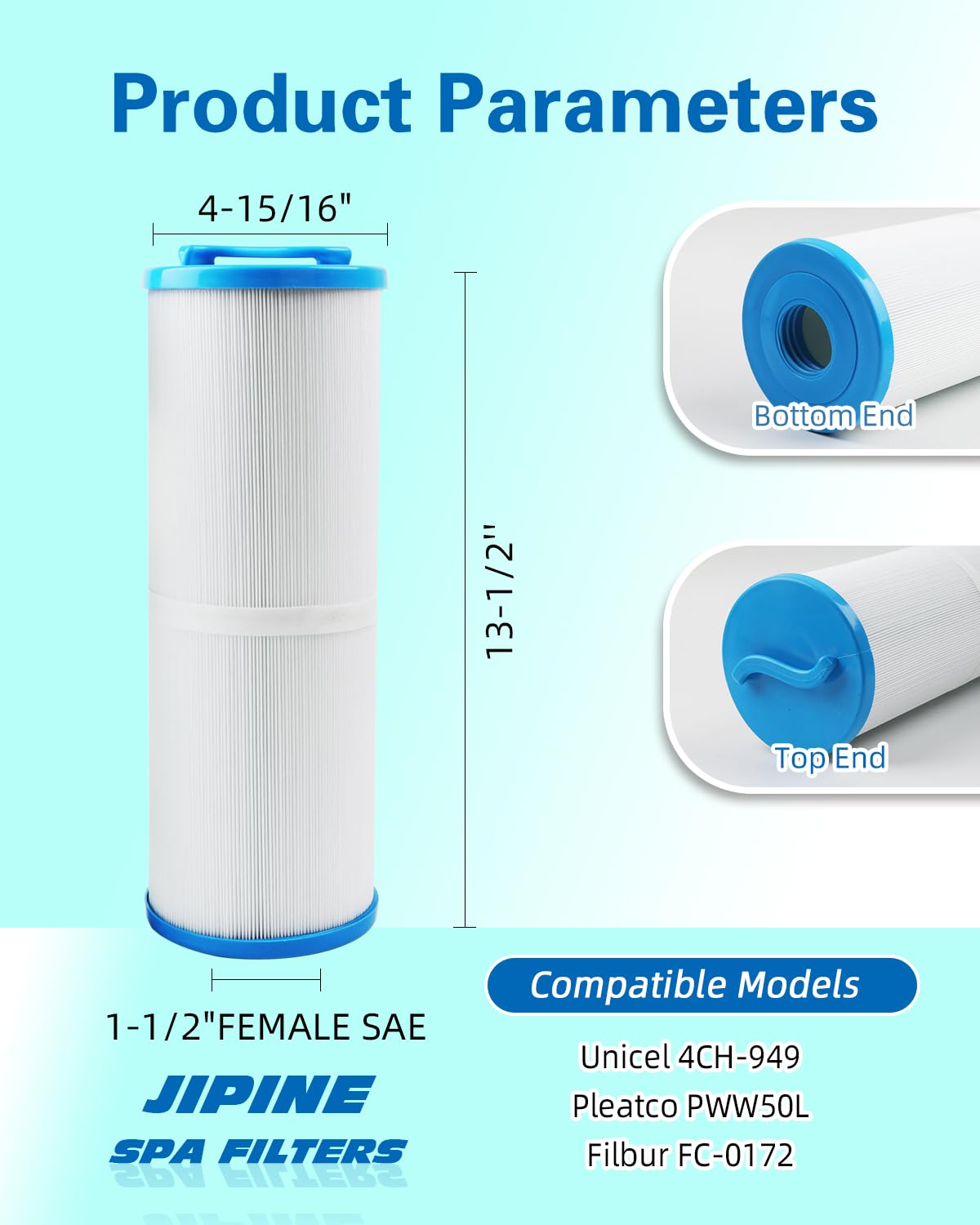 JIPINE 4CH-949 Spa Filter Replacement for Pleatco PWW50L, FIL50-5D13H15FCT-3, Filbur FC-0172, SD-01143, 817-4050, Compatible for Waterway Teleweir 50, Rising Dragon 50, Hot Tub Filter 2 Pack