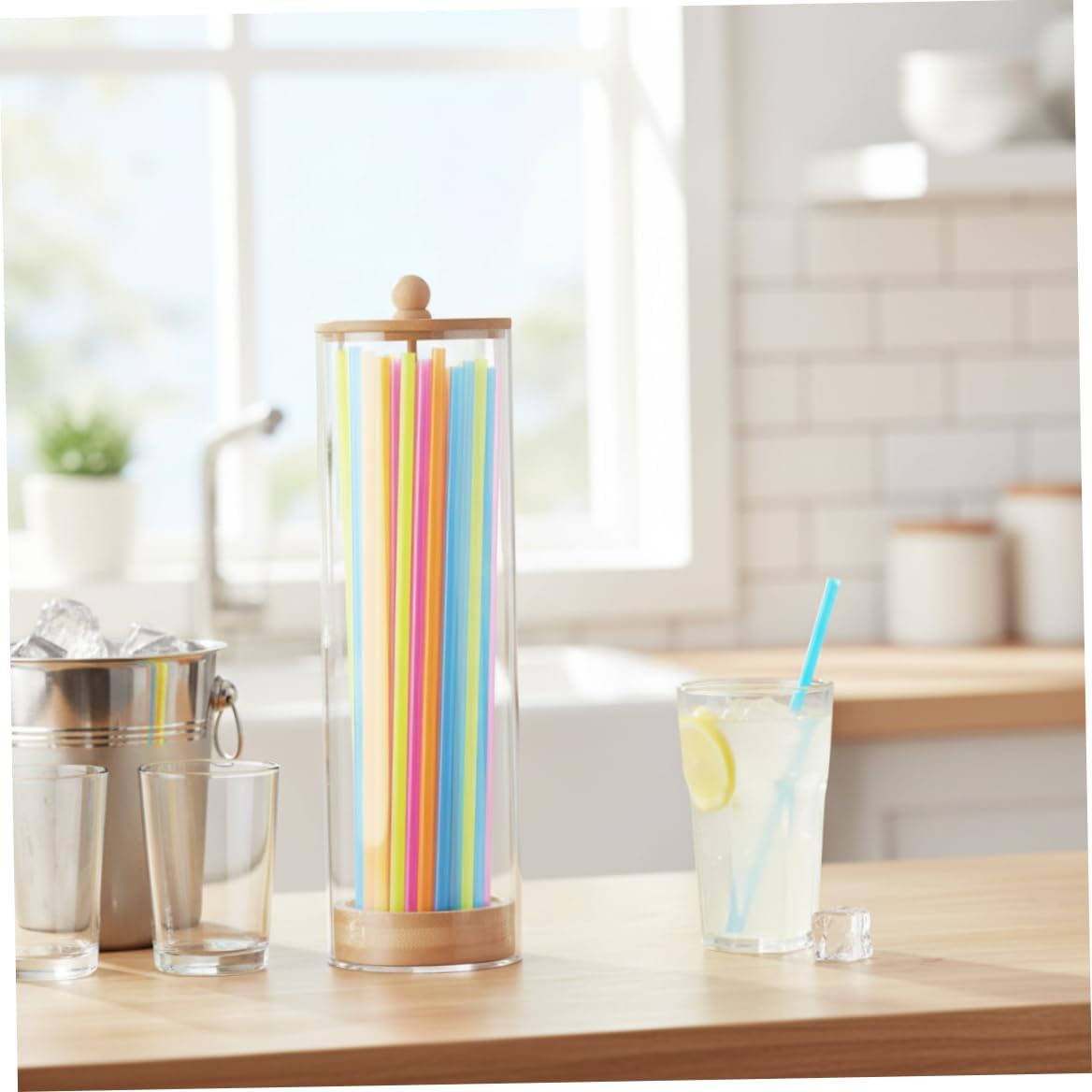 Straw Dispenser, Straw Dispenser with Bamboo Lid Clear Acrylic Holder Versatile Storage Container for Straws Utensils Makeup Brushes (25x8cm).