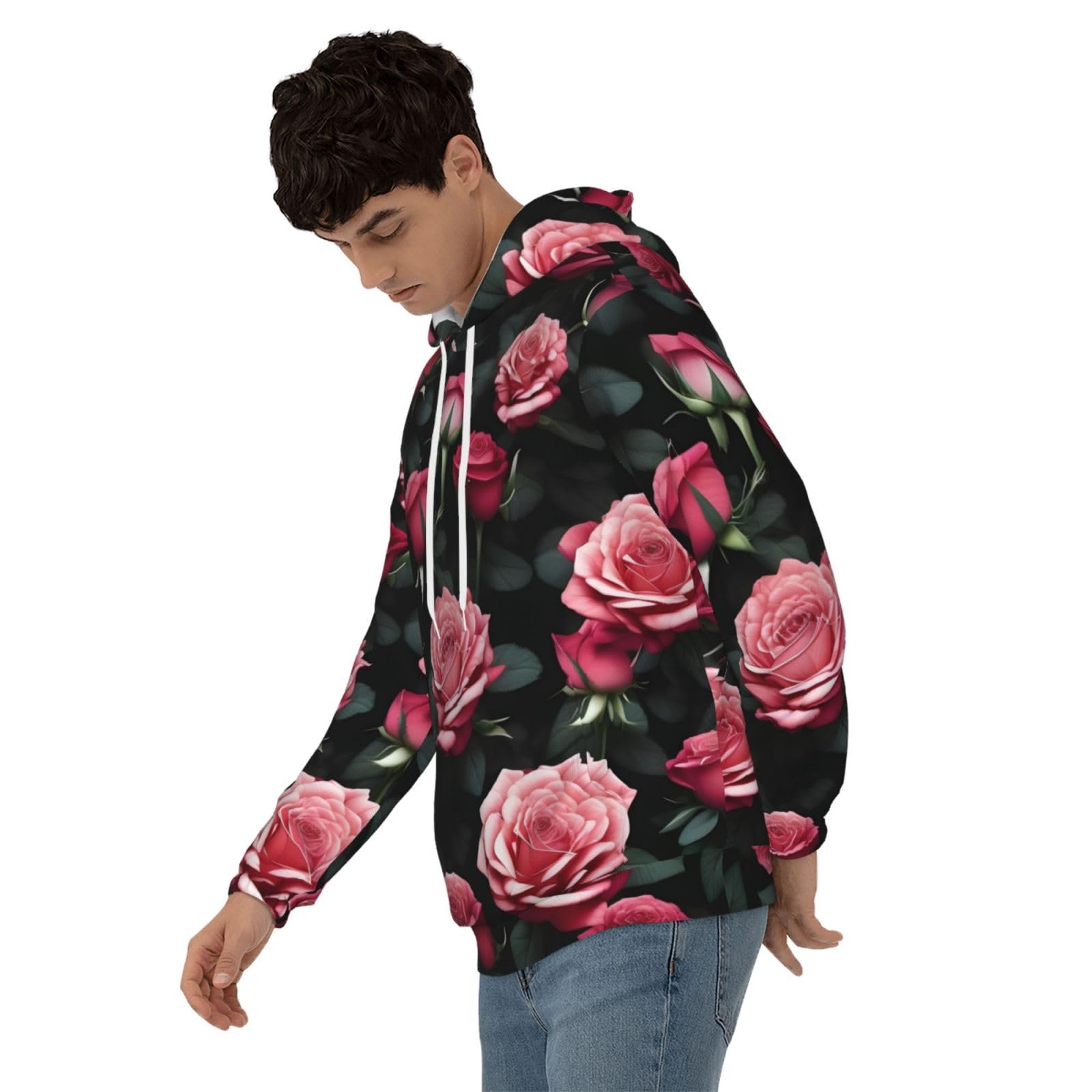 Męska bluza z kapturem z kwiatem róży z wieloma nadrukami, casualowa grafika z nadrukiem bluzy z kapturem z kieszenią