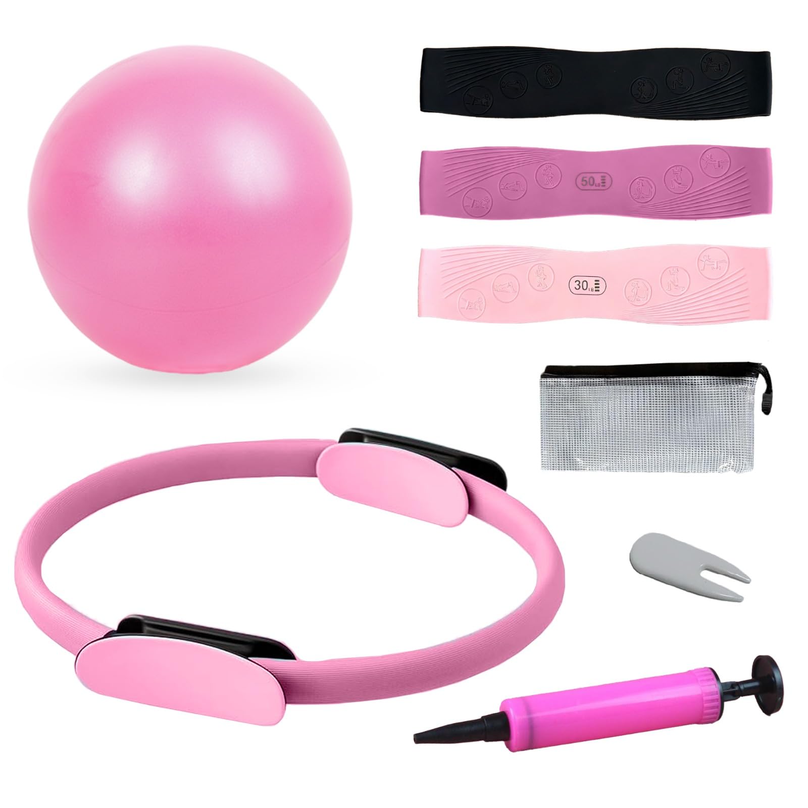 Premium Pilates Equipment Home Set with Pilates Ring, 3 Pilates Resistance Bands, Yoga Ball & Pump – Full Body Workout Kit with Cushioned Pads & Carry Pouch for Home Fitness Training.