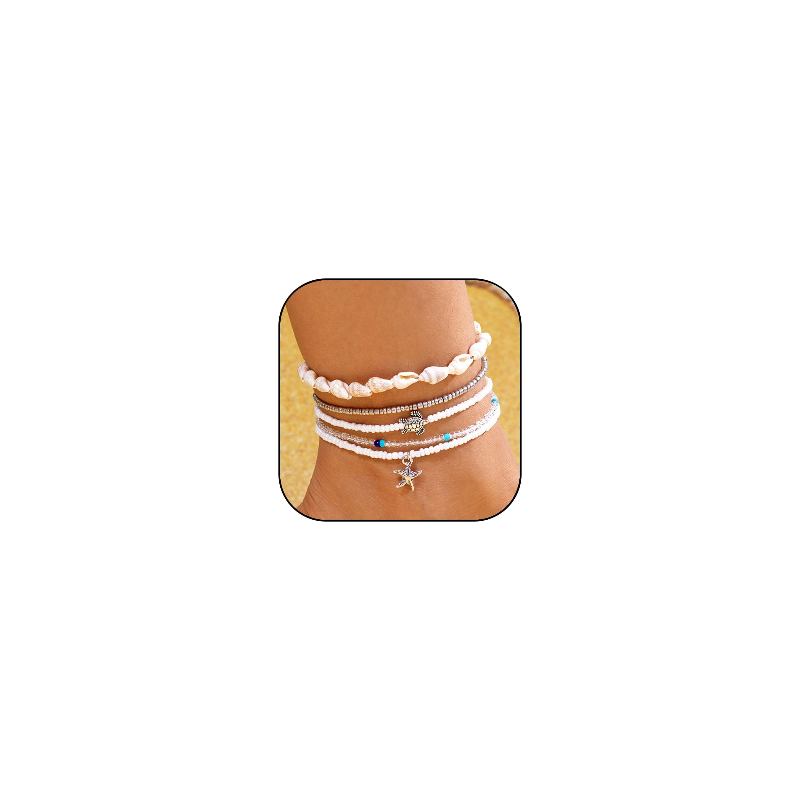 GLMOCM Shell Ankle Bracelet Set for Women Boho Bead Adjustable Anklet Hawaiian Beach Seashell Pearl Starfish Conch Foot Jewelry Summer Beach Gifts for