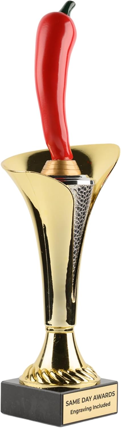 Chili Pepper Trophy Gold Typhoon Cup with Bright Red Figure on Marble Base with Custom Laser Engraving for Chili Cook Offs Food Competitions Culinary Awards and Fun Novelty Prizes