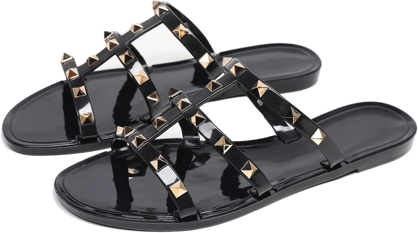 Women Flats Sandals, Studded Jelly Shoes Size 9 Red Dressy Summer Beach Rivets Strappy Jellies Slide Slip On Open Toes - Image 7