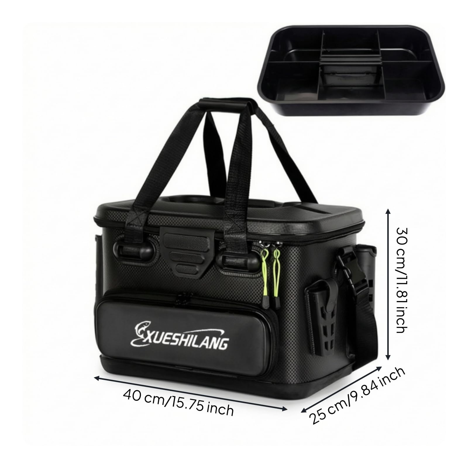 Boîte à Pêche avec Porte-Cannes Seau à Pêche avec Bac Intérieur Stable pour Pêcheurs, Noir, Moyen