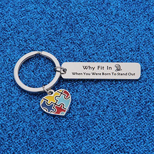 WUSUANED Autism Awareness Puzzle Piece Keychain Why Fit in When You were Born to Stand Out Gift for Autistic2
