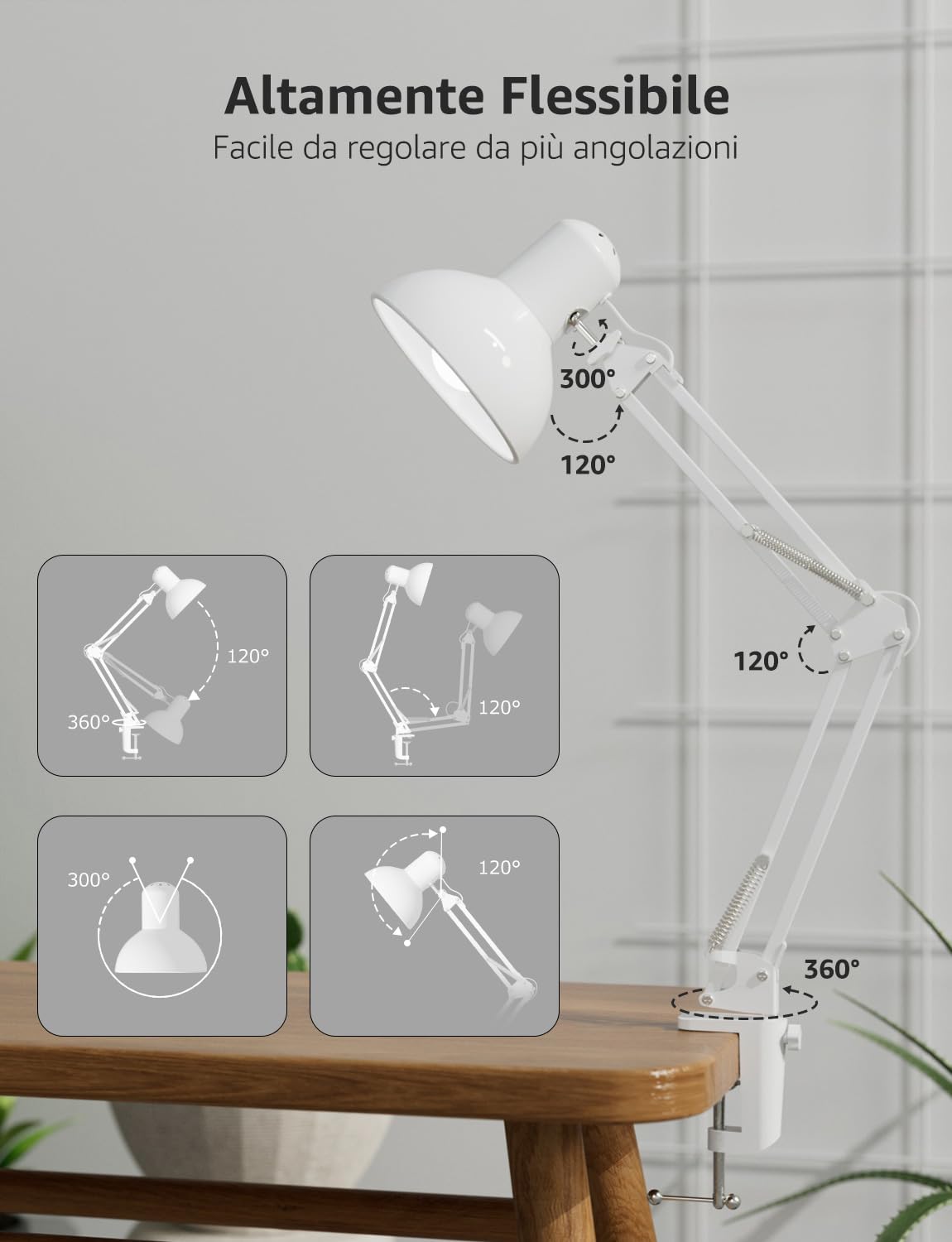 Lepro Lampada da Scrivania Bianco,Lampada da Tavolo con Clip,Flessibile e Regolabile su Più Angolazioni Lampada Scrivania LED,Luce Scrivania Meccanica Retrò,Moderno Base E27(E27 Lampadina Non Inclusa)