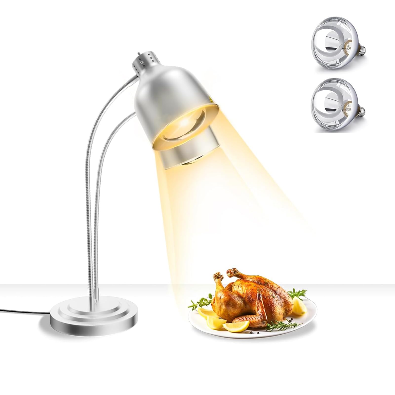 Lampa grzewcza do żywności, 2 głowice z szybko nagrzewającymi się żarówkami, lampy grzewcze do restauracji, kuchni, bufetu, cateringu, na imprezy i do żywności (srebrna)