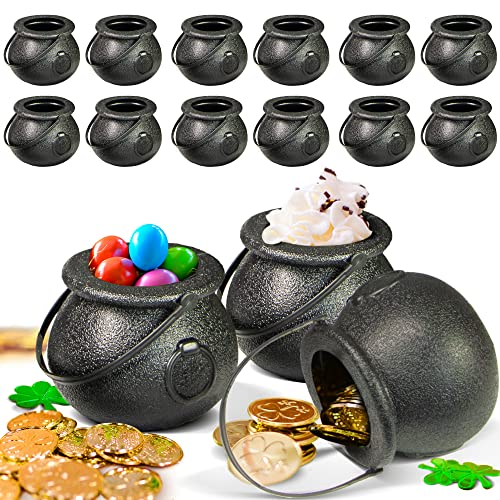 NOVELTY PLACE 12 Pcs Spooky Halloween Candy Cauldrons - Mini Black Cauldron Children Bucket Toys for St. Patricks Day Pot Of Gold Trick or Treat Halloween Decoration and Kid Birthday Party Favors