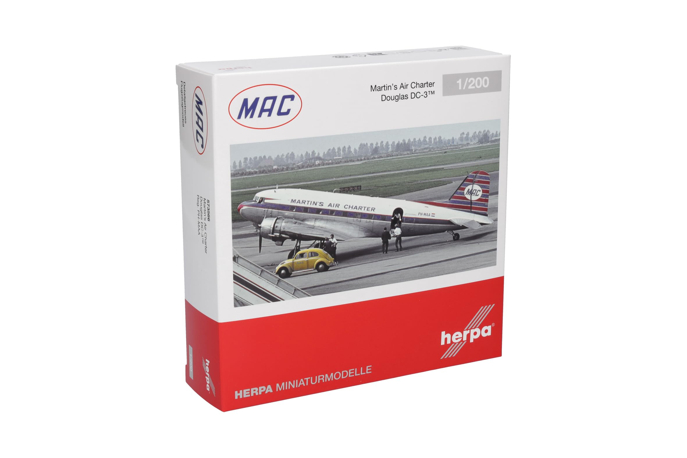 Herpa Modellflugzeug Martin's Air Charter Douglas DC-3 - PH-MAA Miniatur im Maßstab 1:200, Sammlerstück, Modell ohne Standfuß, Metall
