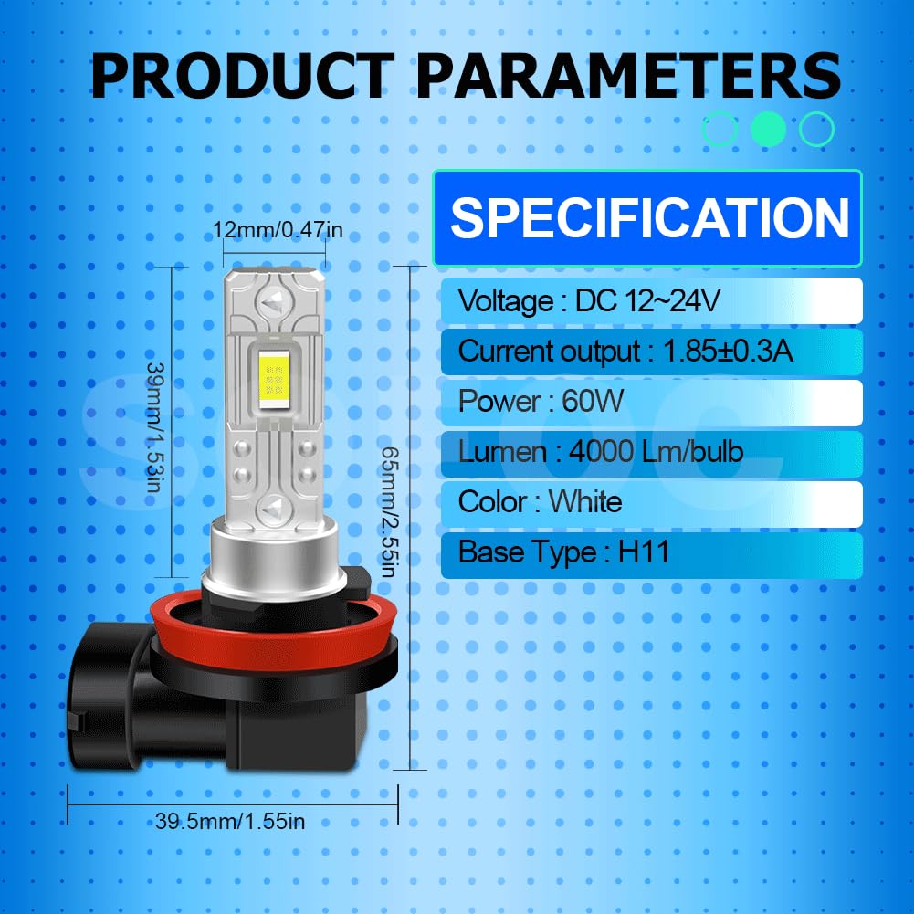 SOFOC H11 Lampadina LED Fari Fendinebbia 4000LM 300% Più Luminoso Bianco Freddo 6000K 12V 24V 12-24V DC Compatibled Anabbaglianti/Abbaglianti Ricambio 2Pcs