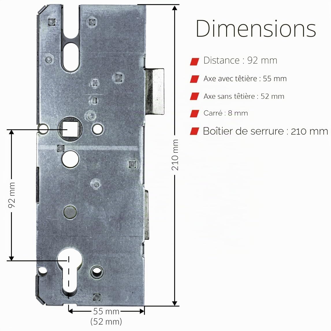 Serrure de réparation KFV 8092 | Serrure à mortaiser pour rénovation, pour verrouillages multipoints - Boîtier de serrure pour réparation ou remise en état | Entraxe 92 mm, profondeur du carré 55 mm