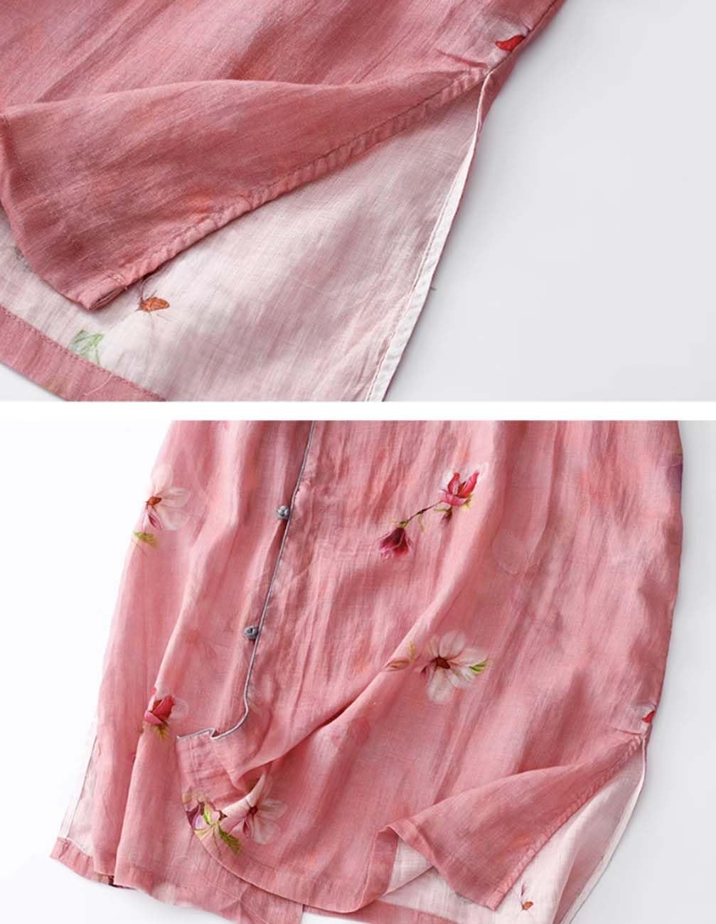 PRINCESS BRIDE Abito da cheongsam con maniche a 3/4 con stampa in lino estivo, abito vintage slim fit con spacco laterale A07
