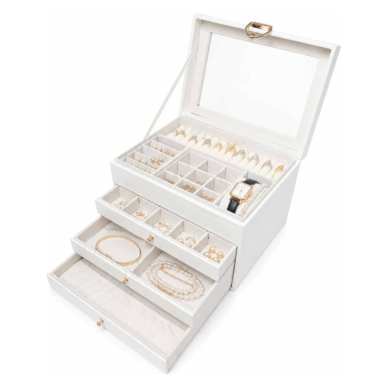 Caja Joyero de 4Niveles con Tapa de Vidrio para Pendientes,Anillos