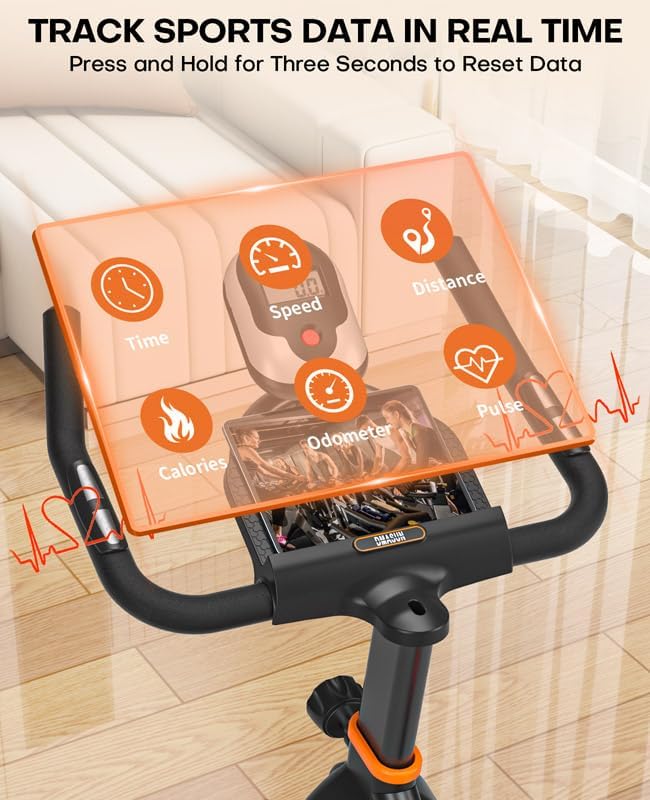 Digital display on the DMASUN exercise bike showing various metrics like time, speed, distance, calories, and pulse.