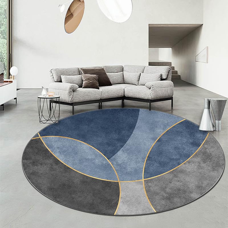 Tapis rond lavable bleu et gris de 110 cm à motif géométrique