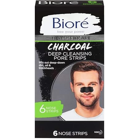Bioré Men's Skincare Charcoal Deep Cleansing Pore Strips, Nose Strips for Blackhead Removal on Oily Skin, with Natural Charcoal for Instant Blackhead Removal and Pore Unclogging, 6 Count