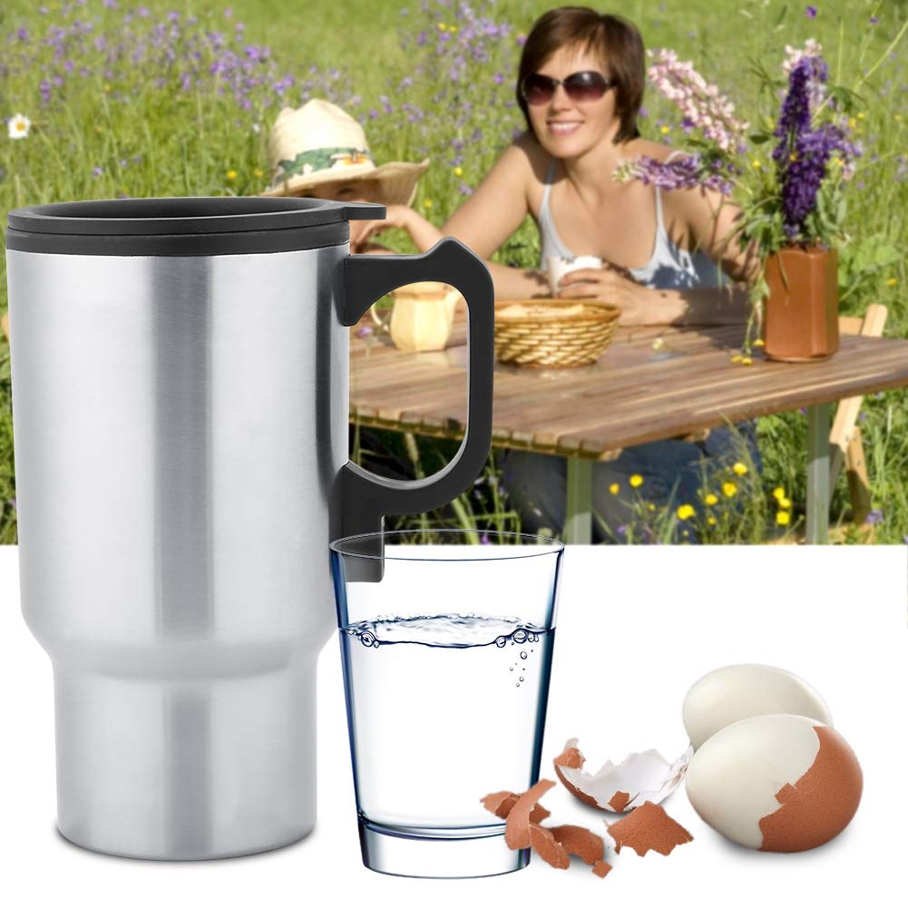 Stainless Steel Heating Cup,12V 450mL Electric Car Heating Coffee Milk Cup Mug Hot Water Bottle Compact Electric Car Lighter Kettle Boiler Mug Heating Cup Coffee Tea Car Cup Mug for Travel Picnic Camp