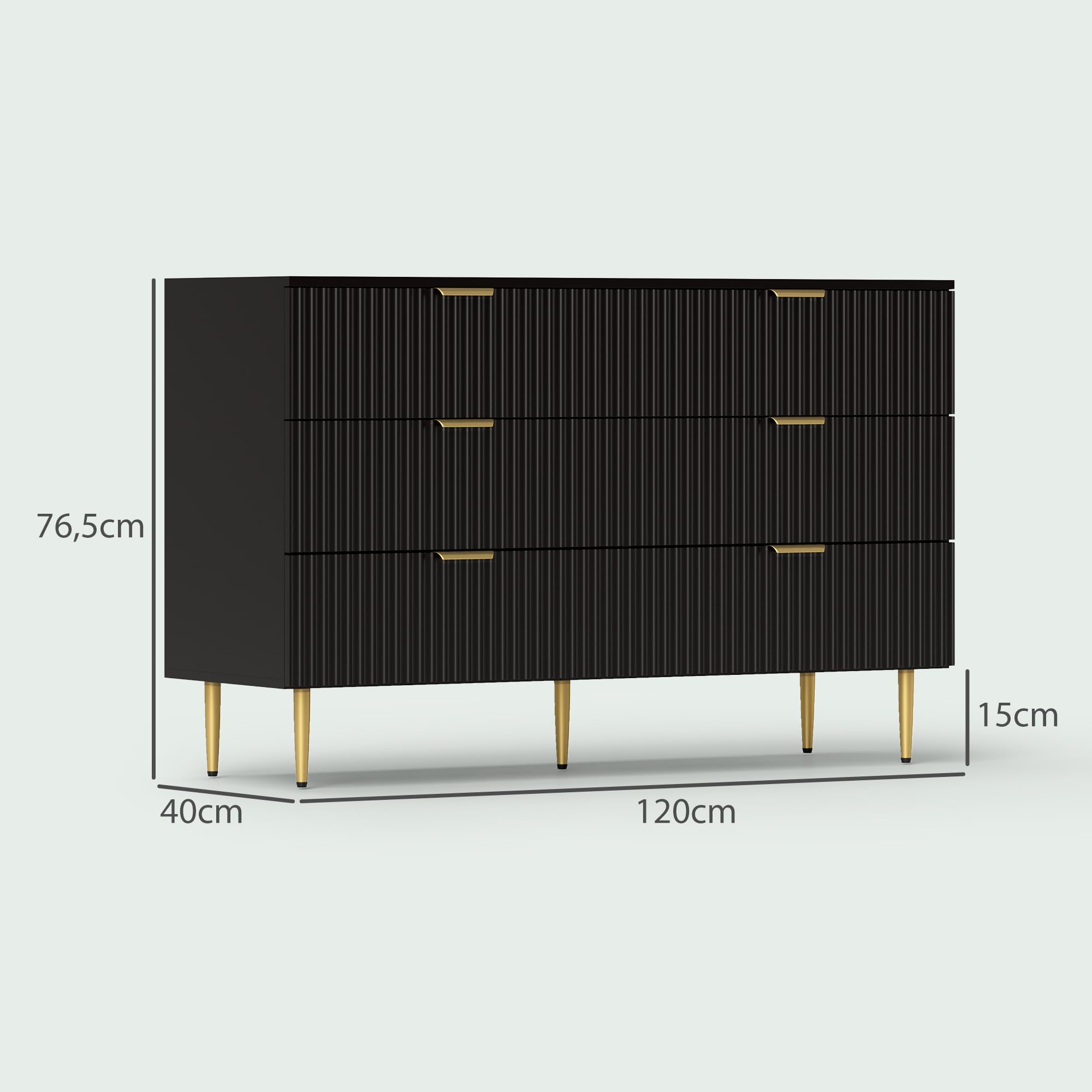 HOMCOM Commode 6 tiroirs Commode Chambre Meuble de Rangement Moderne avec poignées et Pieds dorés, pour Chambre à Coucher, Salon, dim. 120 x 40 x 76,5 cm, Noir
