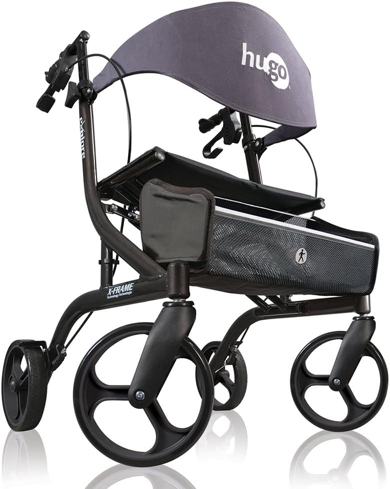 HugoMobility Explore Side-Fold Rollator Walker with Seat, Backrest and Folding Basket, Pearl Blk