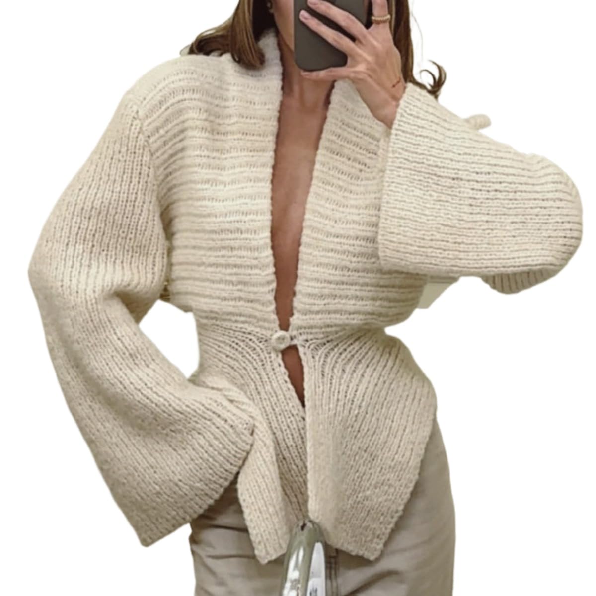 EyeWink Womens Oversized Chunky Knit Cardigan V Neck Bell Sleeve Button Front Sweater Fall Winter 2025 Trendy