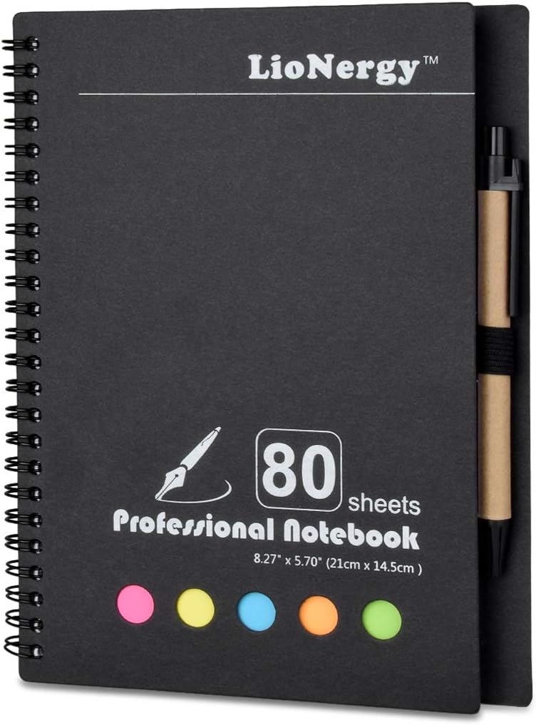 Spiral Notebook Lionergy 80 sheets, A5 Wide Ruled Paper, Sticky Notes, Page Marker Colored Index Tabs Flags for Home and Office Supplies, Back to School, Black