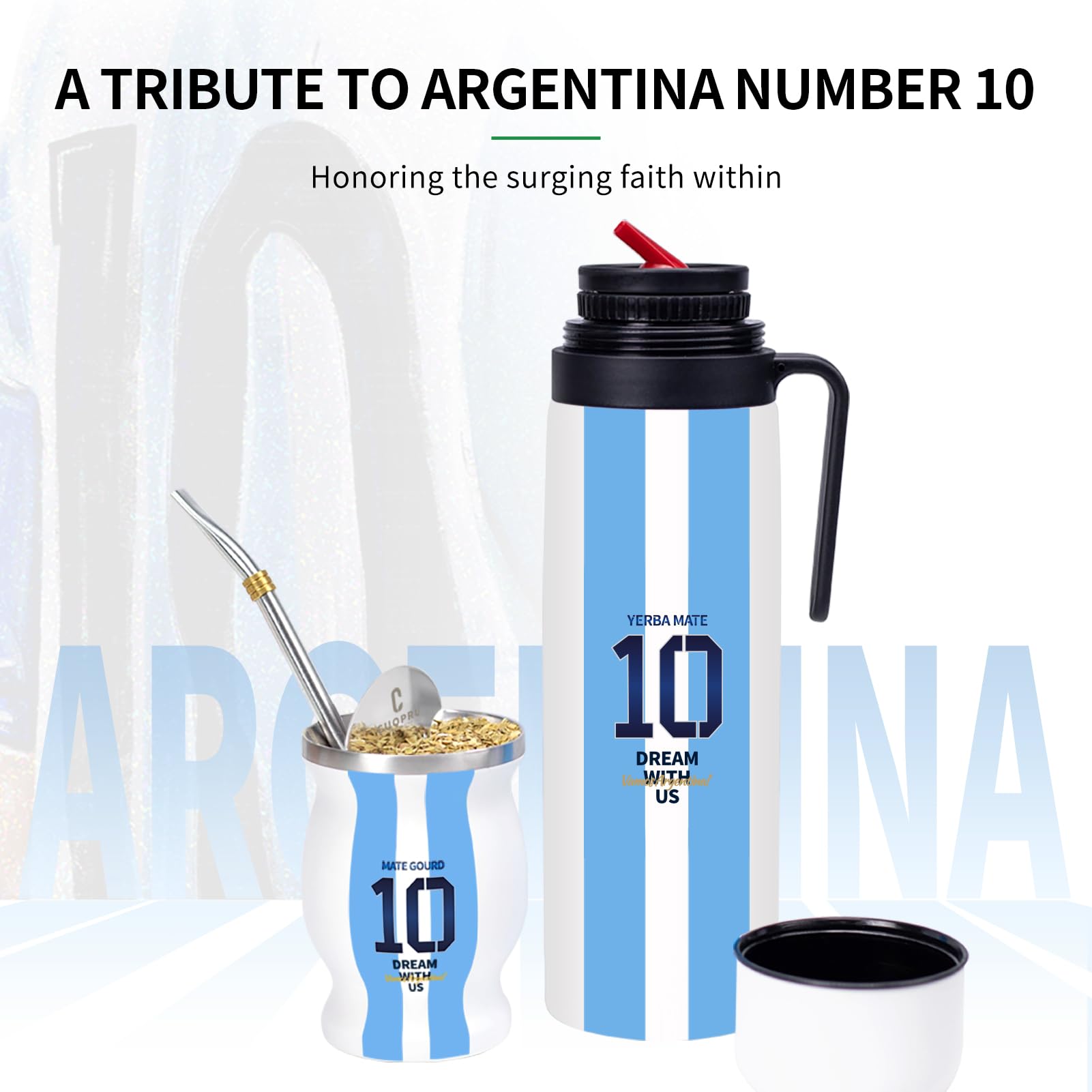 CUOPRU Botella de acero inoxidable de doble pared aislada al vacío para yerba mate, café, agua, té, 32 onzas, sin BPA, estilo Capitán de Argentina NO.10